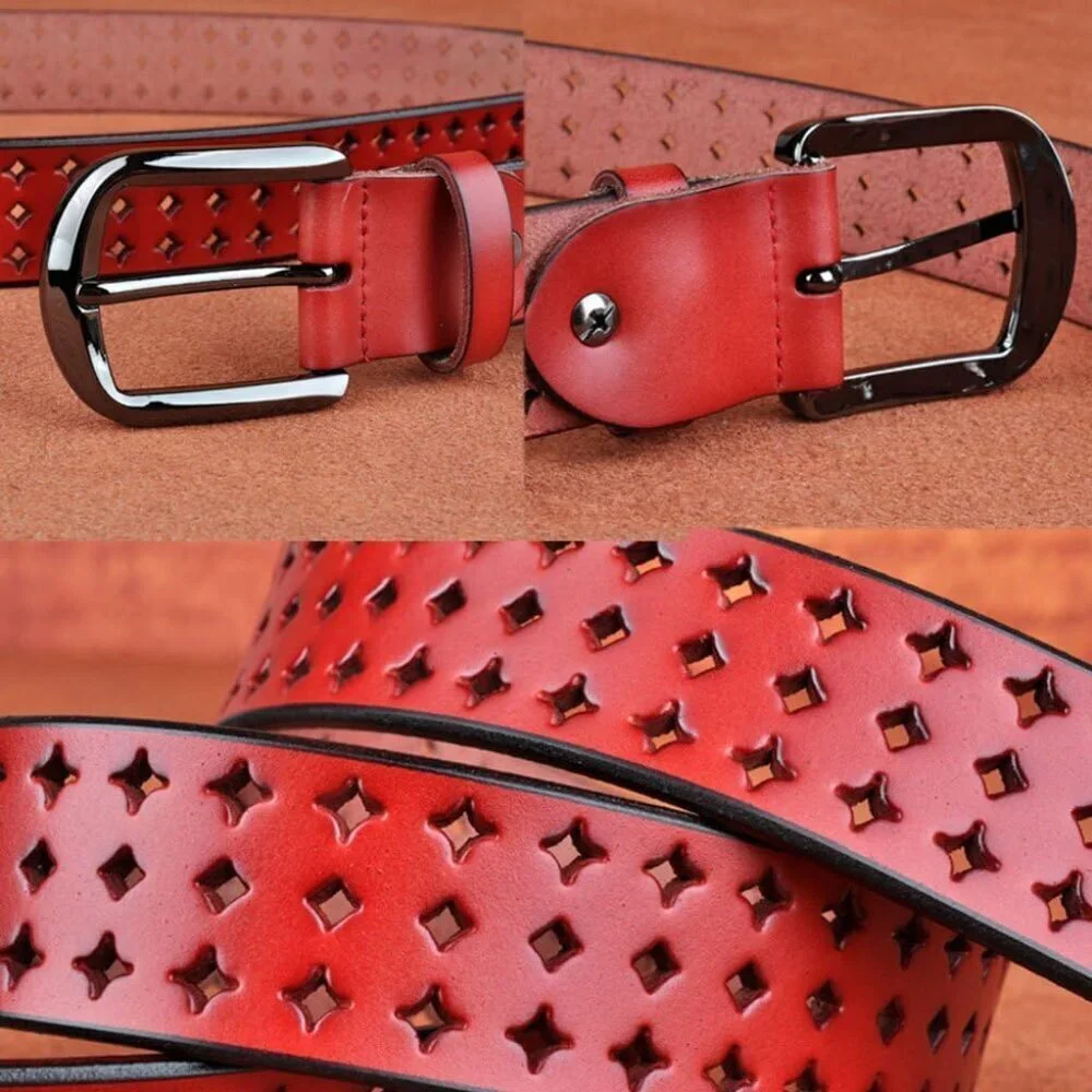 Women's Red Soft Genuine Leather Belts with Pin Buckle Comfortable